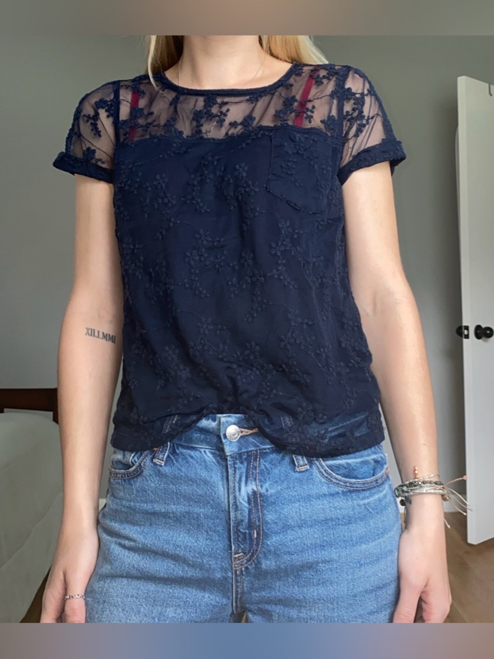 Hollister Navy Lace Overlay Short Sleeve Top
